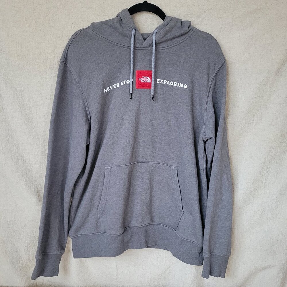 North Face Hoodie Men's Large Gray Pullover Never Stop Exploring Logo Sweatshirt